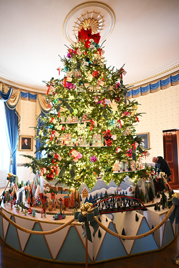 2023年11月27日，在華盛頓特區，白宮聖誕節裝飾預先對媒體開放。圖為白宮藍廳的聖誕樹。（Mandel Ngan / AFP）