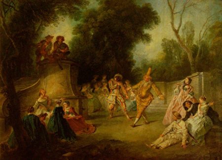 《有小丑哈萊金和普爾奇內拉的即興喜劇一幕》(A Scene From the Commedia dell’Arte with Harlequin and Punchinello),尼古拉‧朗克雷(Nicolas Lancret)1734年作,面板油畫,44.5×58 cm,英格蘭白金漢郡沃德斯登莊園藏。(公有領域)