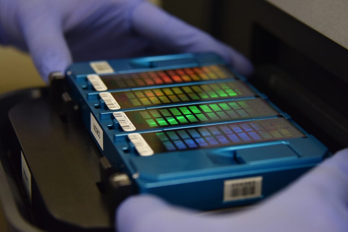 2018年8月22日，一名中國技術人員將含有DNA信息的微陣列放入掃瞄儀中。（Greg Baker/AFP via Getty Images）