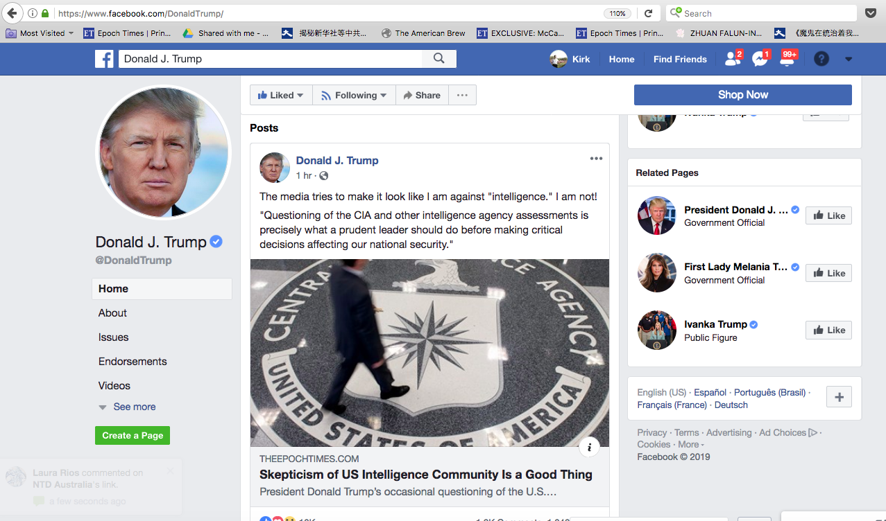 美國總統特朗普1月31日在臉書轉發英文大紀元的專欄文章（題為「對美國情報界的質疑主義是一件好事」）。（特朗普臉書截圖）
