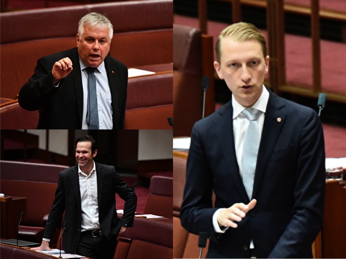 澳洲聯邦參議員支持政府聯合聲明，指控中共網絡攻擊，破壞國際穩定和安全。圖左上為參議員帕特里克（Rex Patrick）、左下為澳洲聯邦參議員卡納萬（Matt Canavan）、圖右為參議員帕特森（James Paterson）。（大紀元合成圖）
