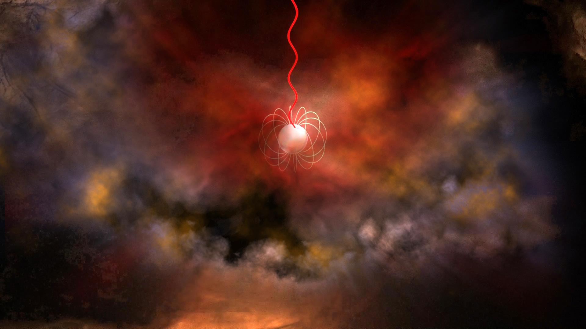 射電爆信號的一種可能來源是具有強磁場的中子星。圖為這樣的中子星的概念圖，其中朝上方發出的紅色波動代表射電爆信號。（NRAO/AUI/NSF/Bill Saxton）