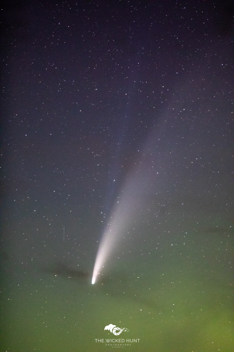 通過遠攝鏡，除了清晰拍到Neowise彗星彎曲的灰白塵埃尾，還隱約可見較直的藍色離子尾。（Stanley Aryantoy/The Wicked Hunt Photography提供）