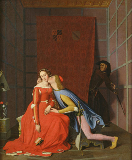 但丁  尚·奧古斯特·多米尼克·安格爾（Jean-Auguste-Dominique Ingres）的作品《保羅和弗朗西斯卡被喬央西托撞見》（Paolo and Francesca Surprised by Gianciotto），1819年。油彩、畫布，19.8 x 16吋。美術博物館，昂傑，法國。（Museum of Fine Arts, Angers）