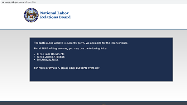 美國華盛頓DC當地時間1月22日晚，國家勞動關係委員會（National Labor Relations Board）官方網站關閉。（網頁截圖）