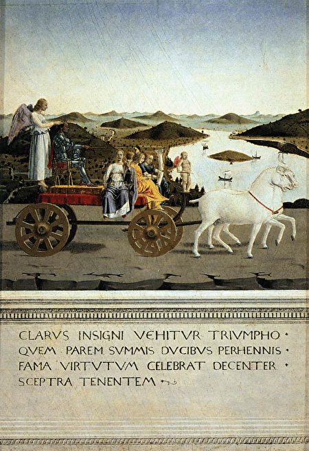 皮耶羅‧德拉‧弗朗切斯卡（Piero della Francesca）的作品《烏爾比諾公爵夫婦的凱旋》（Triumphs of Federico da Montefeltro and Battista Sforza），在左畫板上描繪著費德裏科‧達‧蒙特費爾特羅公爵（Federico da Montefeltro），約1473─1475年。油彩、木板，每幅各為19 x 13英吋。烏菲茲美術館。（公有領域）