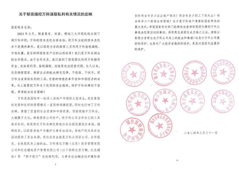 山東十家企業舉報郁亮偷稅漏稅 萬科回應