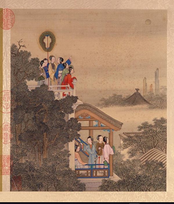 清 陳枚《月曼清遊圖》八月「瓊台玩月」。（公有領域）
