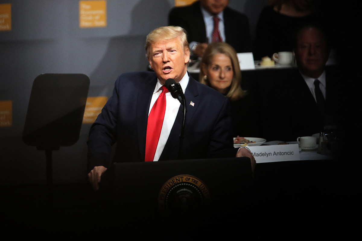 2019年11月12日中午美國總統特朗普在紐約經濟俱樂部（New York Economic Club）演講，預計重點在美國經濟，或涉及最新的中美貿易談判進展。（Spencer Platt/Getty Images）