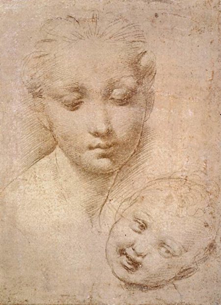 拉斐爾，母子頭像習作，1509─1511年作，銀尖筆素描，143×110 mm，倫敦大英博物館藏。（公有領域）
