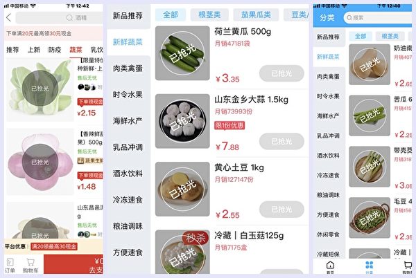 武漢市傳疫情，連網購平台上的蔬菜也被搶購一空。（受訪者提供）