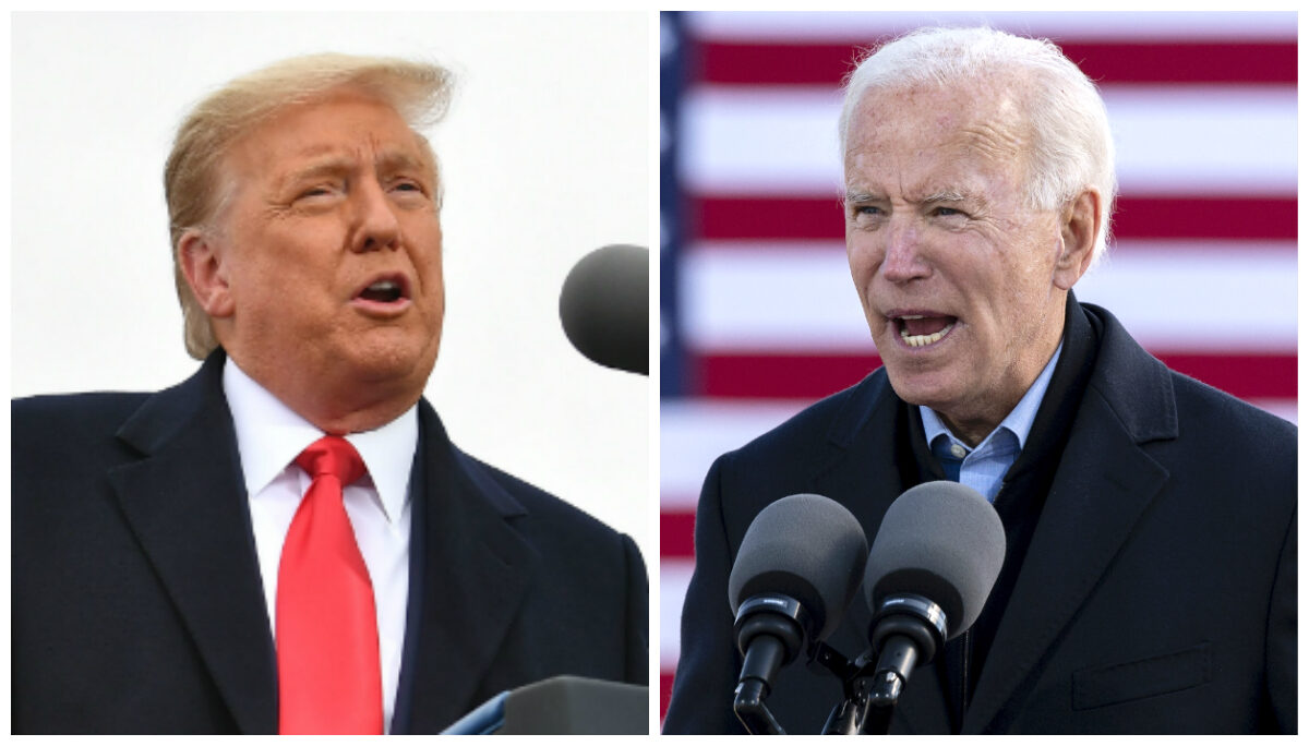 2020年10月30日，唐納德·特朗普（左）總統和民主黨總統候選人祖·拜登（右）分別在密歇根州和愛荷華州的競選活動上講話。（Mandel Ngan and Jim Watson /AFP via Getty Images）