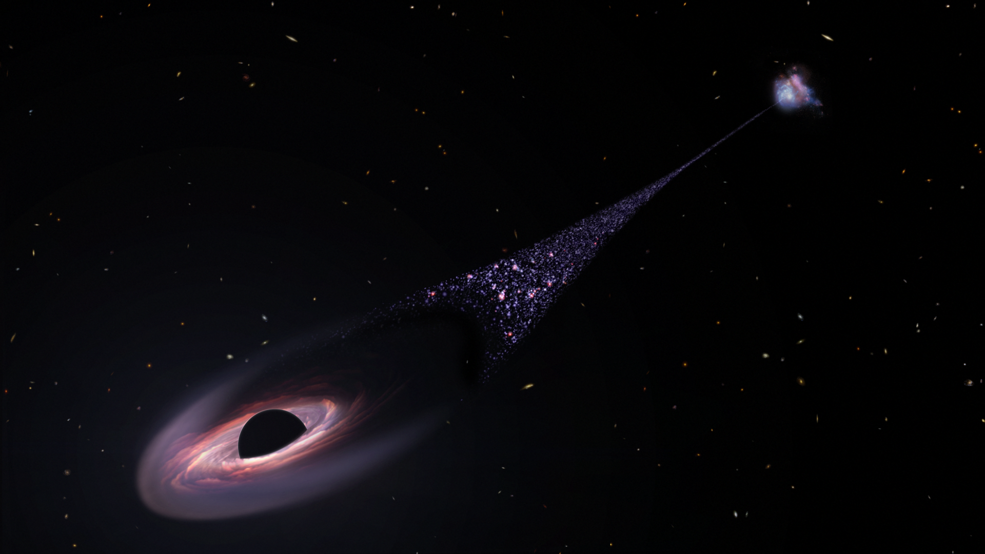 耶魯大學太空學家宣布發現一個巨大的黑洞正在太空中疾馳，留下長達20萬光年的新生恆星帶。圖為根據哈伯望遠鏡觀測結果繪製的黑洞。（NASA、ESA、Leah Hustak/STSCI）