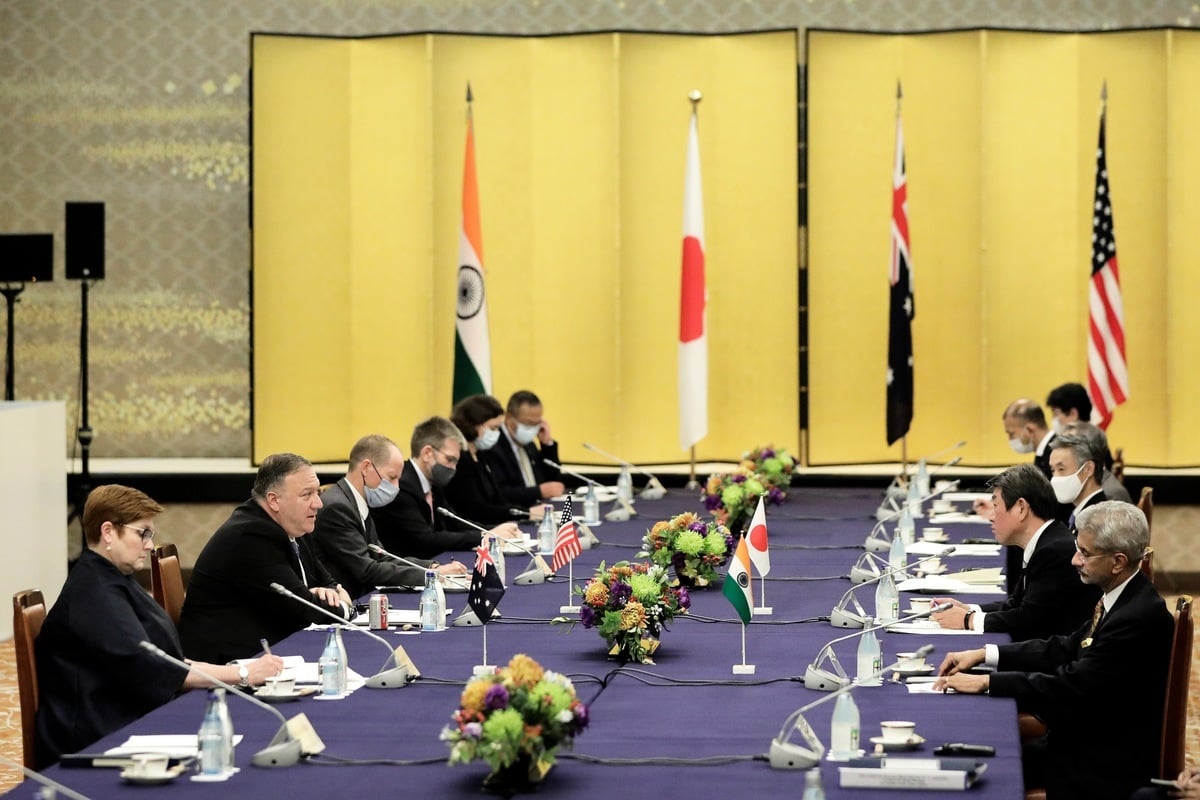 2020年10月6日美、日、澳、印舉行「四方同盟」會議。（Kiyoshi Ota/POOL/AFP）
