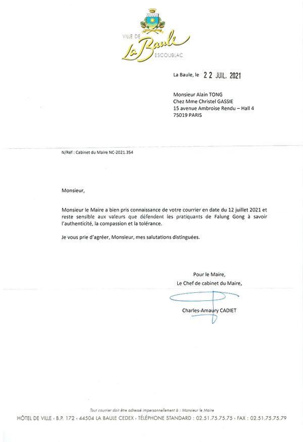 法國西部La Baule–Escoublac市長辦公室回信。（法國法輪大法學會提供）