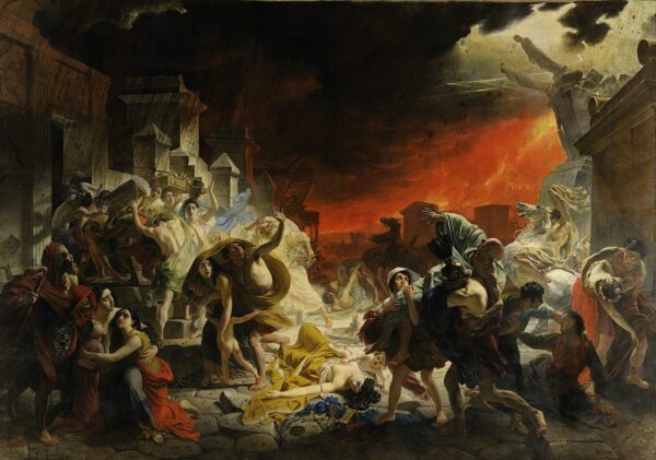卡爾‧布留洛夫1833年的作品《龐貝城的末日》(The Last Day of Pompeii)在米蘭展出。接著作家愛德華‧布爾沃-萊頓得到啟發於1834年創作小說《龐貝末日》,然後又鼓舞蘭杜夫‧羅傑斯在1853─1854年創作雕像《尼迪亞,龐貝的賣花盲女》。(公有領域)