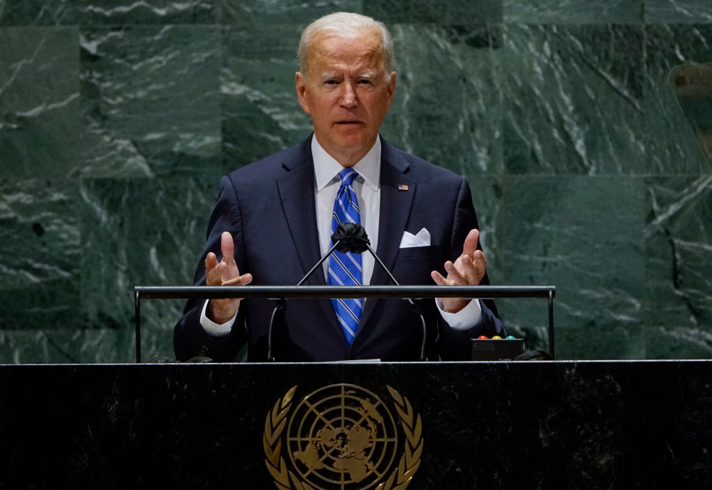 2021年9月21日，拜登總統在聯合國大會上演講。（Eduardo Munoz-Pool/Getty Images）