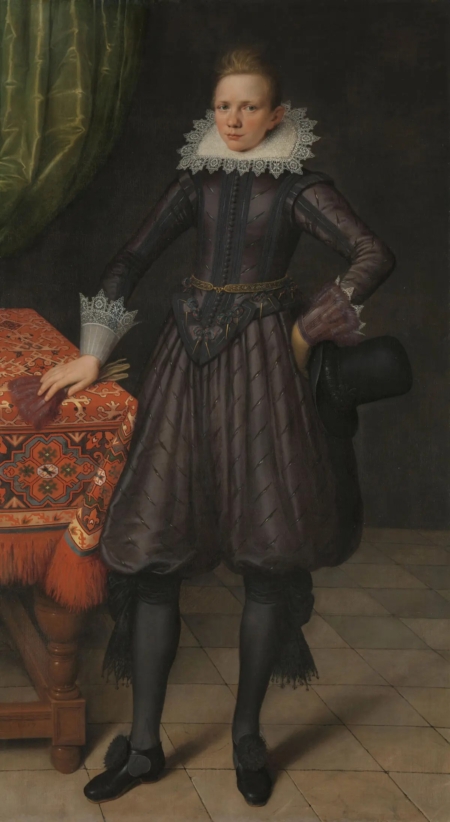 所羅門‧梅達赫(Salomon Mesdach)的作品《彼得‧考特恩的肖像》(Portrait of Peter Courten),1617年。油彩、畫板;106.5 厘米x 192厘米。現存於阿姆斯特丹的荷蘭國家博物館。(公有領域)