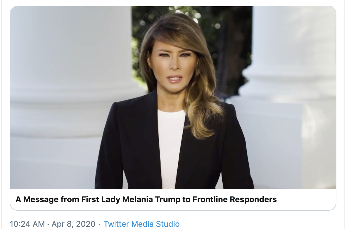 美國第一夫人梅拉妮亞（Melania Trump）發推文，感謝所有在最前線的醫務人員和救援者，並為人們一起向神祈禱。（影片截圖）