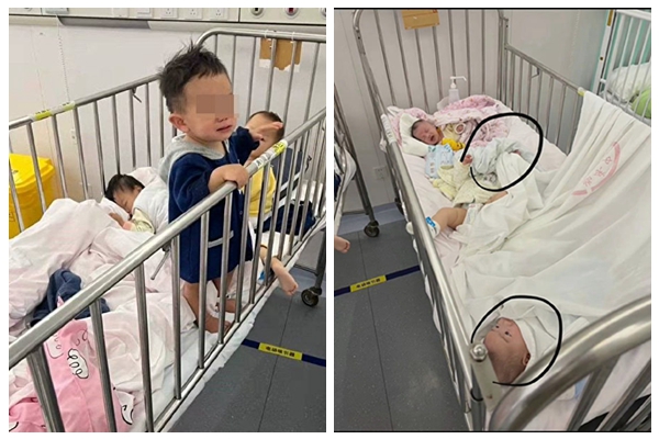 上海「嬰幼兒隔離點」的幼兒照片和影片在網上流傳，看了令人揪心。（影片截圖）