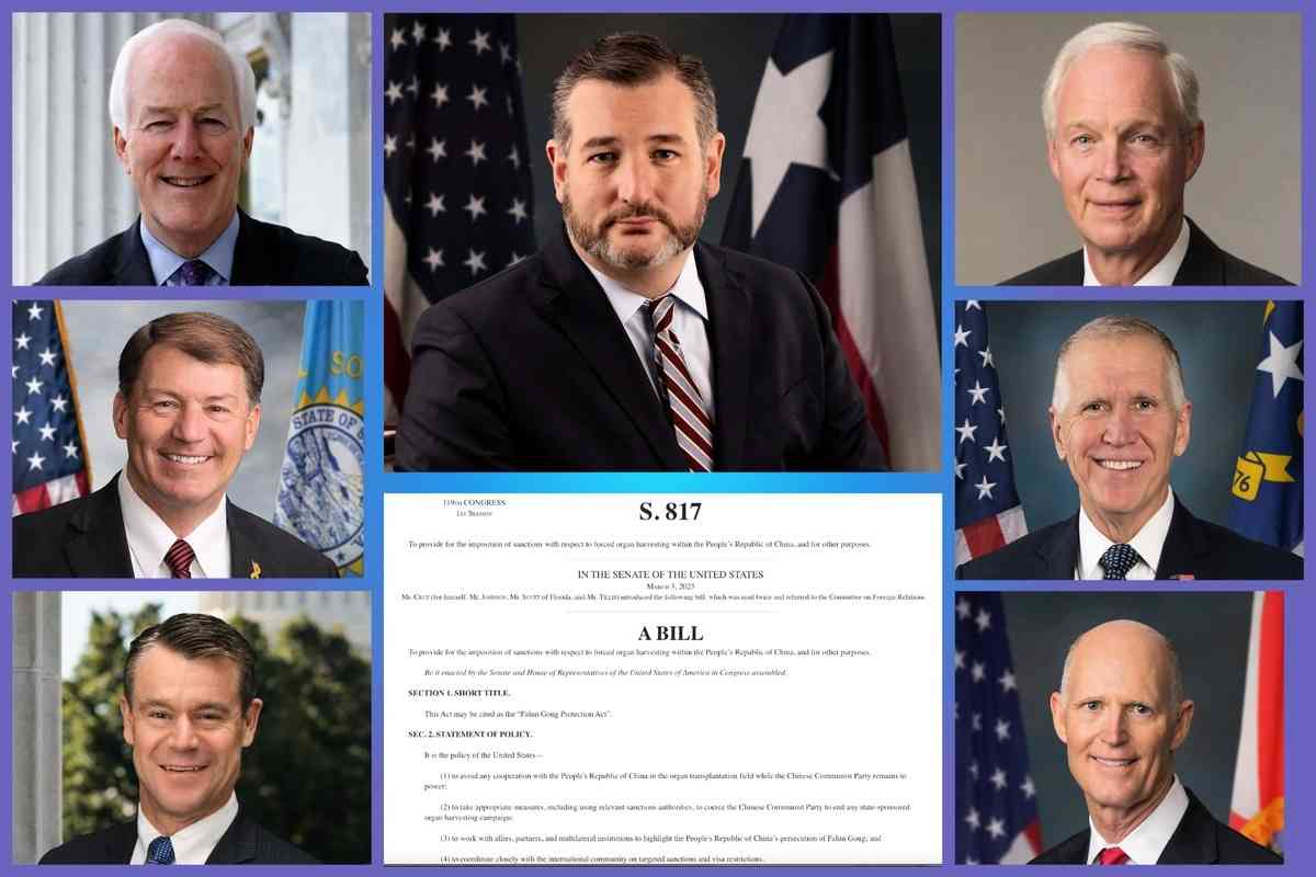 德州共和黨籍參議員克魯茲(Ted Cruz)(中)正在參議院推進一項旨在打擊中共活摘良心犯器官的《法輪功保護法案S.817》。截至9月3日,6位聯邦參議員聯署成為該法案的共同提案人。他們分別是:(從上到下,自左到右)德州共和黨籍資深聯邦參議員科寧(John Cornyn)、威斯康辛州共和黨籍參議員朗‧強森(Ron Johnson)、南達科他州共和黨籍參議員麥克‧朗茲(Mike Rounds)、北卡羅萊納州共和黨籍參議員湯姆‧提利斯(Thom Tillis)、印第安納州共和黨籍參議員托德‧楊(Todd Young)、佛羅里達州共和黨籍瑞克‧斯科特(Rick Scott)。(大紀元合成圖片)