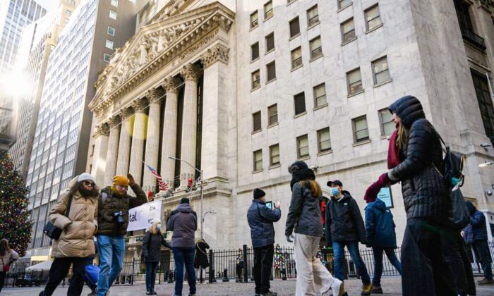 紐約證券交易所（NYSE）外景。攝於2022年1月4日。（Angela Weiss/AFP via Getty Images）