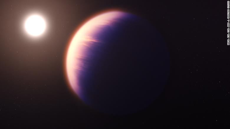 根據目前對系外行星WASP-39 b的了解，這張插圖顯示了這顆行星的樣子。（NASA, ESA, CSA, L. Hustak/STScI）