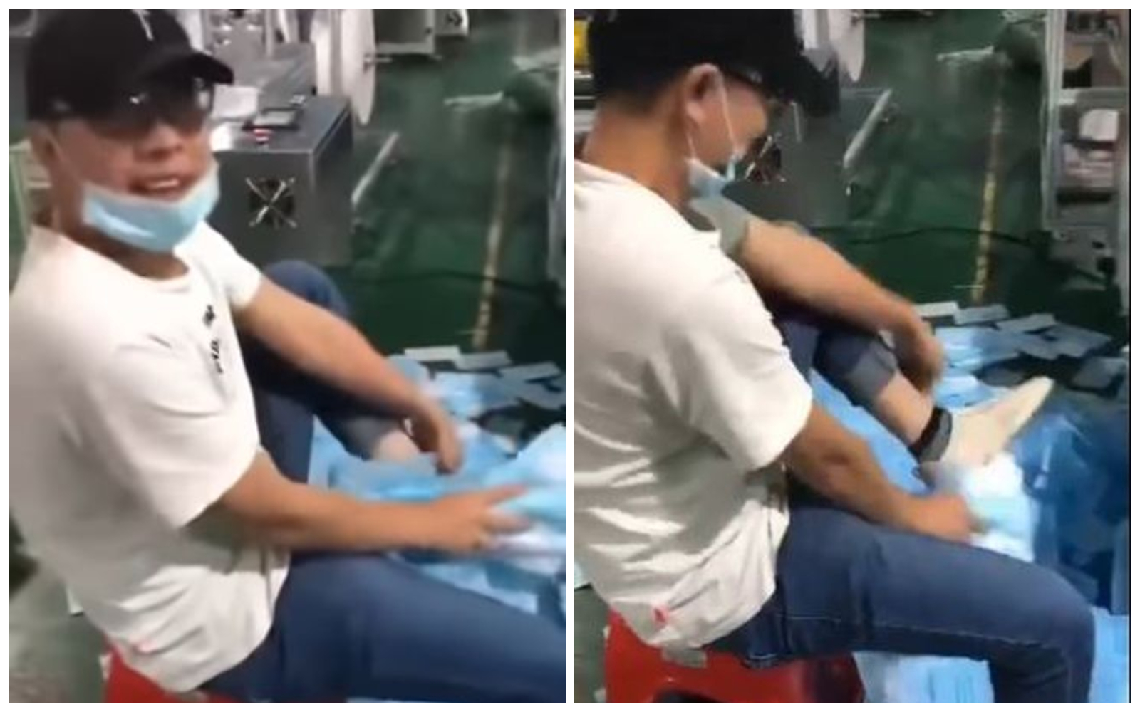  中國大陸口罩廠工人用口罩擦鞋，引爆海內外輿論憤怒。（影片截圖）