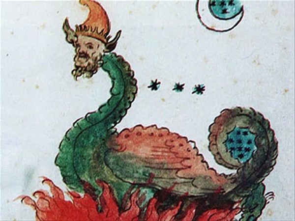 十六世紀著名預言詩歌《諸世紀》中，諾查丹瑪斯手繪的插畫，一頭紅龍身陷熊熊火海，全身為大火焚燒。（公有領域）
