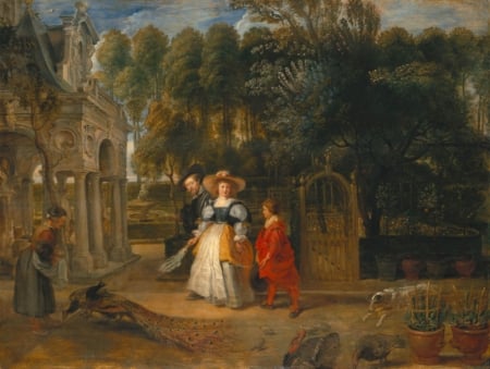 彼得‧保羅‧魯本斯,《花園中的魯本斯與第二任妻子》(Rubens and his second wife in the garden),約1640年作,面板油畫,97.5 × 130.7 cm,德國慕尼黑老繪畫陳列館藏。(公有領域)