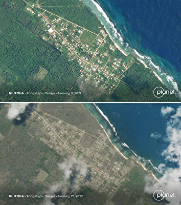 2022年1月9日（上圖）的湯加塔普（Tongatapu）主島和2022年1月17日（下圖）火山大爆發後的湯加塔普主島對比圖。（Handout/c2022 Planet Labs PBC./AFP）