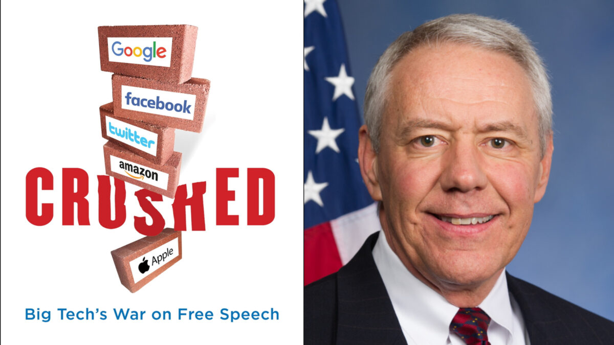  眾議員肯‧巴克和他的新書《擠壓：大科技公司向言論自由開戰》（Crushed: Big Tech』s War on Free Speech）封面。（大紀元合成圖）