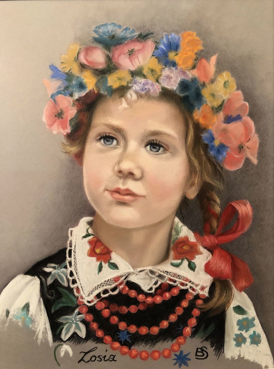身著傳統服裝的波蘭女孩，芭芭拉‧謝弗的粉彩畫作。（由芭芭拉‧謝弗提供）