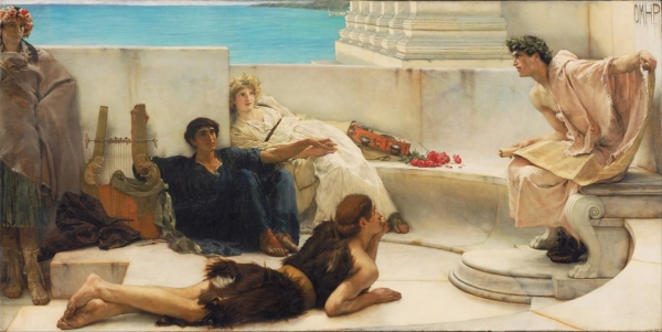《誦讀荷馬》(A Reading from Homer),勞倫斯‧阿爾瑪-塔德瑪(Lawrence Alma-Tadema)1885年作;布面油畫,92cm × 184 cm。收藏於費城藝術博物館。(公有領域)