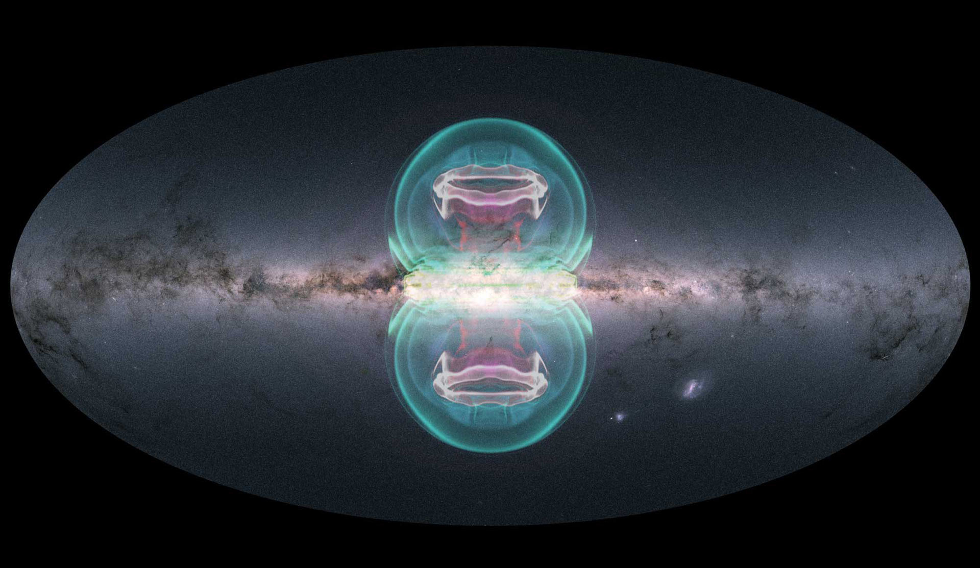  銀河系上下的費米泡泡和埃羅西塔泡泡的示意圖。（ESA/Gaia/DPAC ）