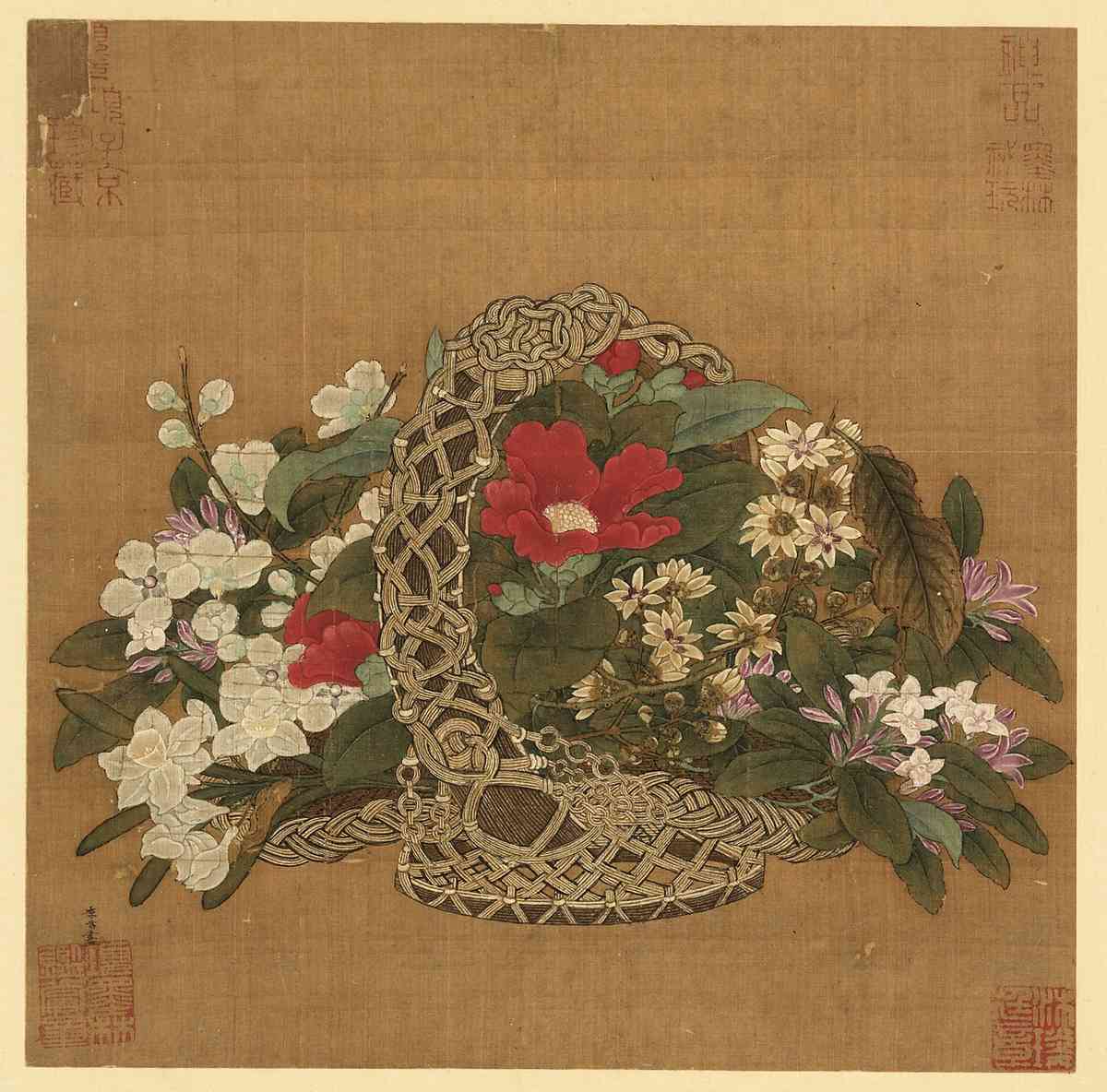 南宋李嵩《花籃圖》,台北故宮博物院藏品。(國立故宮博物院提供)