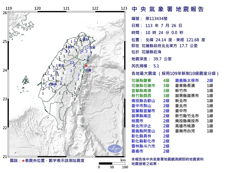 台灣花蓮近海發生規模5.1地震