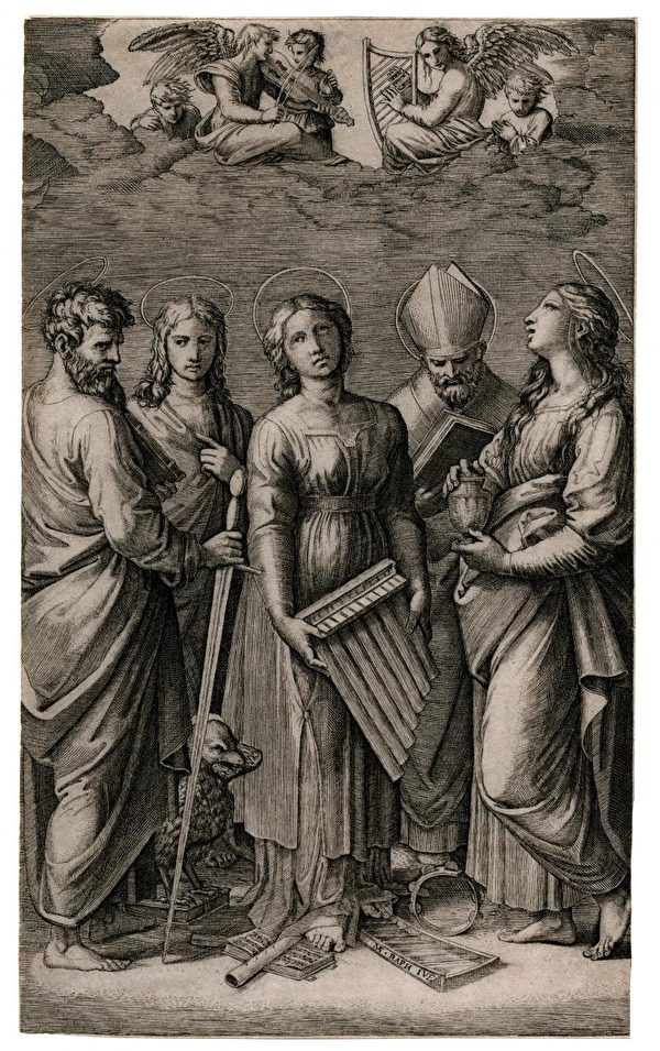 馬坎東尼奧（仿拉斐爾油畫），《聖切奇莉亞的狂喜》（The Ecstasy of St. Cecilia），作於1515–1516年間，美國加州維斯蒙特學院美術館藏。（公有領域）