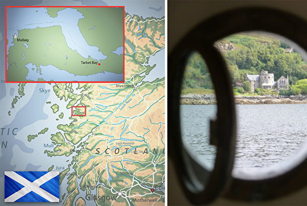 （左）蘇格蘭西海岸塔貝特灣位置的地圖；（右）從船上看到的塔貝特灣。（左：主圖：Bardocz Peter/Shutterstock，插圖1：42錄像/Shutterstock，插圖2：影片截圖/Google地圖；右：Chris Downer/CC BY-SA 2.0）