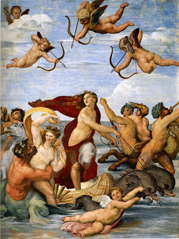 拉斐爾，《嘉拉提亞的凱旋》（The Triumph of Galatea），濕壁畫，約1512年作，295×224 cm，羅馬法爾內塞別墅嘉拉提亞敞廊。（公有領域）