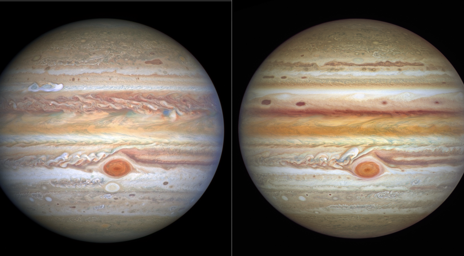 木星紅色風暴2020年（左）和2021年（右）對比圖。（NASA）