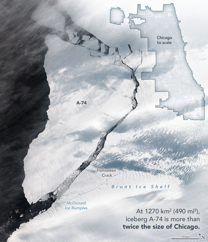A-74冰山的衛星圖顯示其大小為芝加哥市的兩倍。（NASA Earth Observatory）