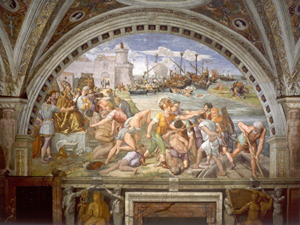 拉斐爾，《奧斯蒂亞之戰》（Battle of Ostia），1514—1515年作，濕壁畫，底寬770 cm，梵蒂岡博物館藏。（公有領域）