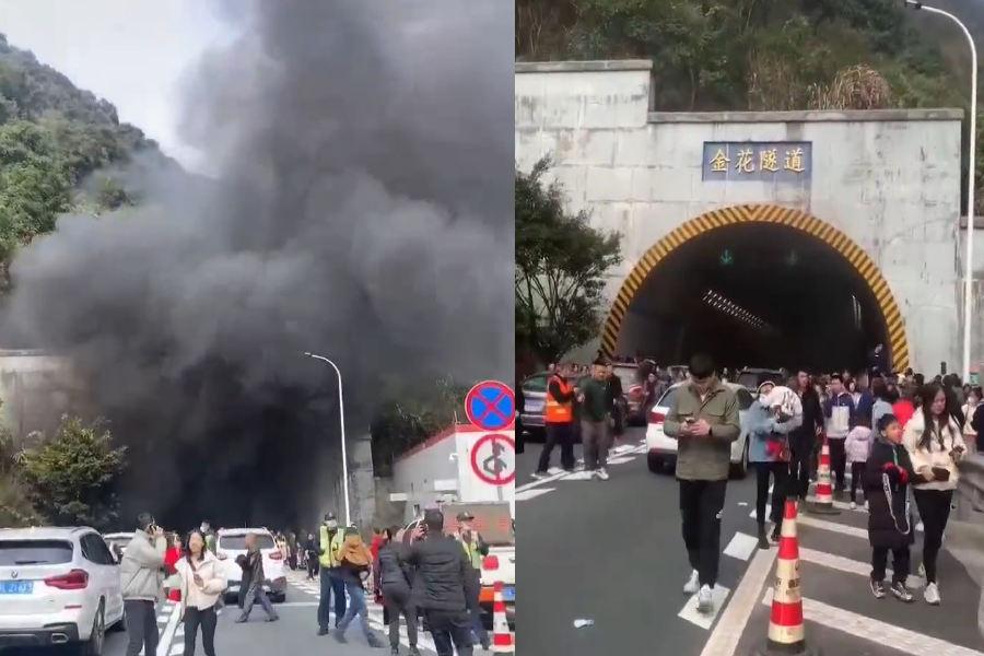 2023年1月25日，廣東河源一隧道內發生事故，導致隧道內湧出濃煙，大批人員棄車逃出隧道口。（影片截圖合成）