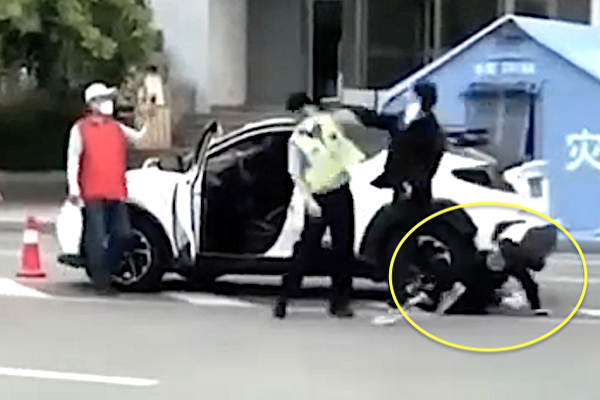 遼寧丹東父女「襲警」事件，影片呈現在老父打人前，警察先動手把女兒推倒在地。該事件引發輿論熱議。（影片截圖）
