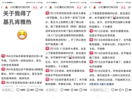 廣東順德女患者自述感染基孔肯雅熱病毒,7月6日就出現症狀,先誤診,7月確診後,當地不給檢測報告口頭通知。當地疾控對外公布是8日確診輸入性基孔肯雅熱疫情。(網絡截圖/大紀元合成)