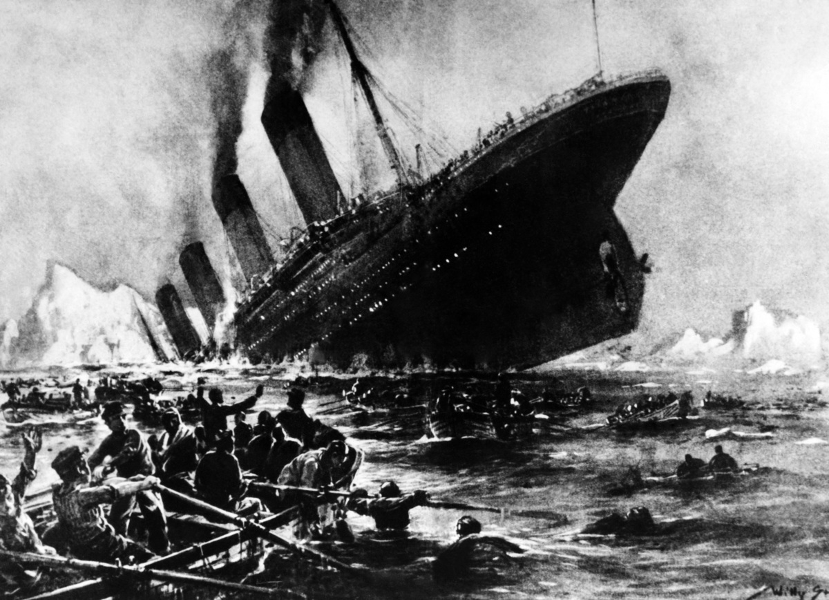 這是一名藝術家筆下，鐵達尼號於1912年4月14日撞上冰山後的殘骸。（AFP）