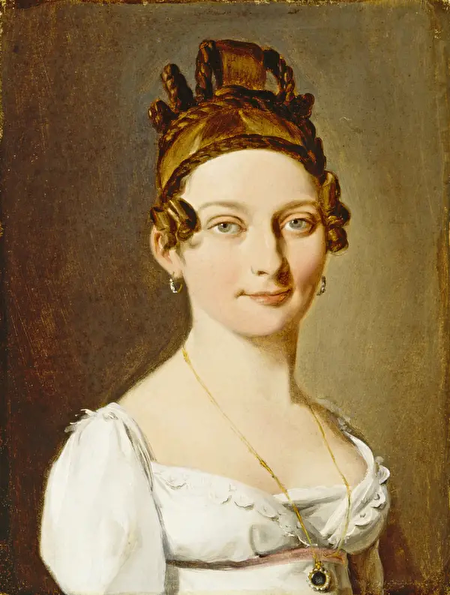 路易-利奧波德‧布瓦伊的作品《女士肖像》(Portrait of a Lady),約1800年創作。油彩、畫布;21.6×16.8cm。博物館成立25周年紀念,瑪麗蓮和卡爾文‧格羅斯贈;洛杉磯郡立美術館。(公有領域)