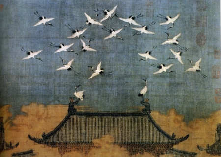 北宋政和二年正月十六,汴京宣德門上空突然飛來了一群仙鶴,其中兩隻站在鴟尾上,頗甚閒適,余皆翺翔,爭鳴和應,經時不散。宋徽宗認為祥雲伴著仙鶴乃國運興盛的祥瑞吉兆,於是畫成千古佳作《瑞鶴圖》(公有領域)。