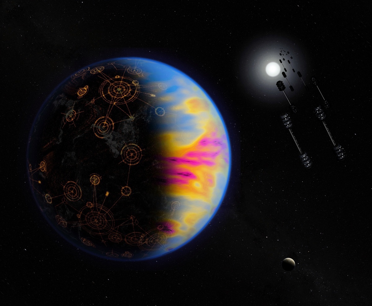 系外行星藝術假想圖：一個科技發達的星球，其大氣中含有工業活動生成的污染成份，由不同顏色標示。（NASA/Jay Freidlander）
